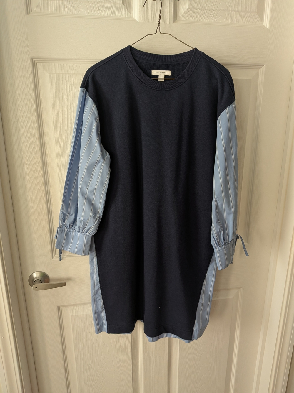 Free Assembly Navy Sweatshirt Dress with Light Blue Stripe Sleeves